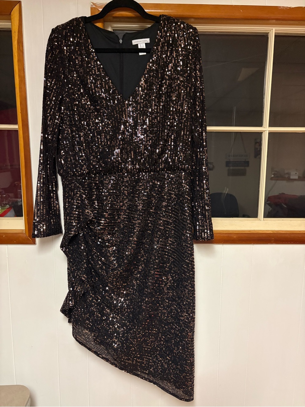 London Times Black Sequin Wrap-Style Long-Sleeve Dress